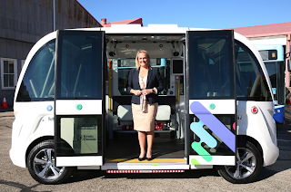 Newcastle Lord Mayor Nuatali Nelmes at the launch of the driverless shuttle trial in July 2019