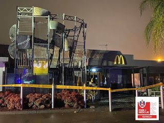 The fire-damaged playground equipment at Cessnock McDonalds Picture: Fire & Rescue Kearsley

