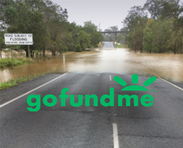 Flooded road and GoFundMe logo